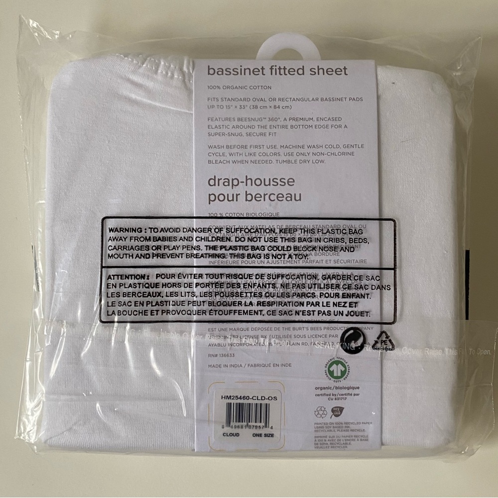 NWT Burt's Bees 100% Organic Jersey Cotton White Standard Fitted Bassinet Sheet - Picture 3 of 7